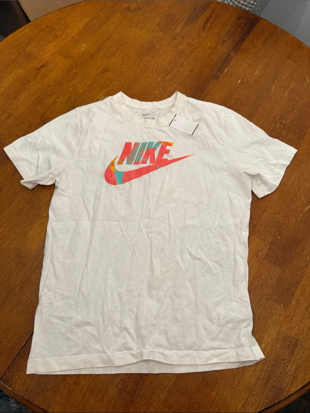 Nike White Short Sleeve Tee with Multicolor Swoosh Medium